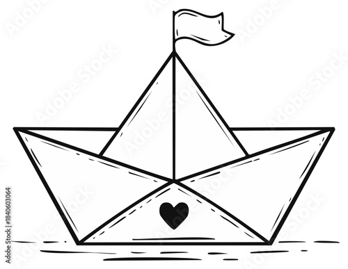 Hand-drawn origami paper boat with flag and heart outline, simple black and white vector art for childhood journeys