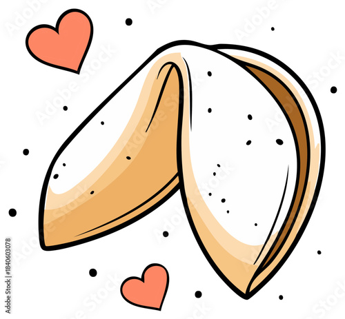 Cute fortune cookie vector illustration with romantic heart symbols and good luck