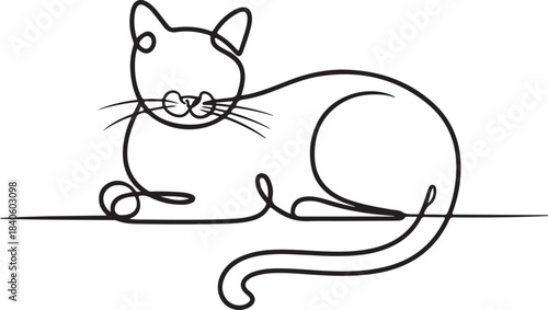 Continuous line art illustration of relaxed cat with curled tail using natural sketch contour