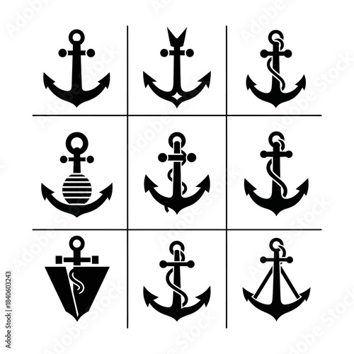 anchor symbols set vector silhouettes anchor with rope Steering Wheel Captain Boat Ship Yacht Compass Transport logo design inspiration