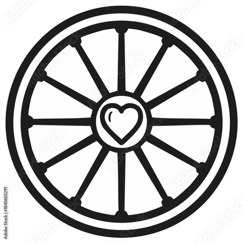 A simple black and white line art illustration of a spoked wheel with a heart symbol at the hub representing a love for cycling
