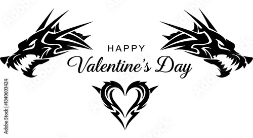 Dragon tribal heart with happy valentine's day text in tribal style. Vector