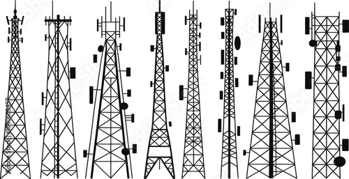 Communication tower vector icon set, wireless network, mobile technology, signal mast, broadcasting antenna