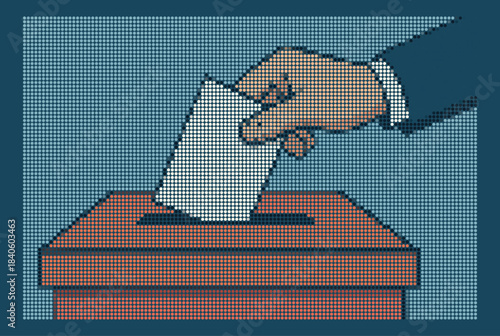 Rhinestone halftone dot art voting hand casting ballot paper in box vector, election day democracy concept, political voting rights symbol, mosaic circle pixel design