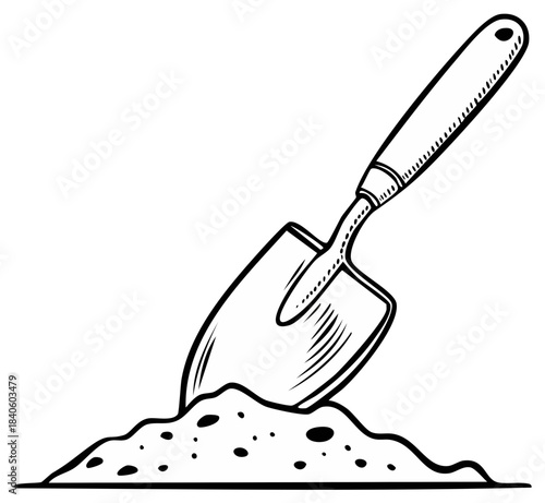 Trowel digging into soil in a simple line art drawing style