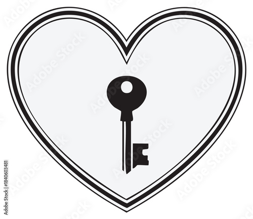 Silhouette of a key inside a heart shape with black and white design concept of love and relationships