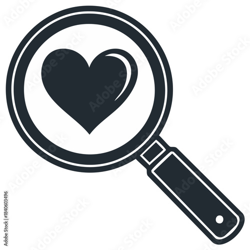 Magnifying glass icon with a heart symbol for love search, discovery, and relationships