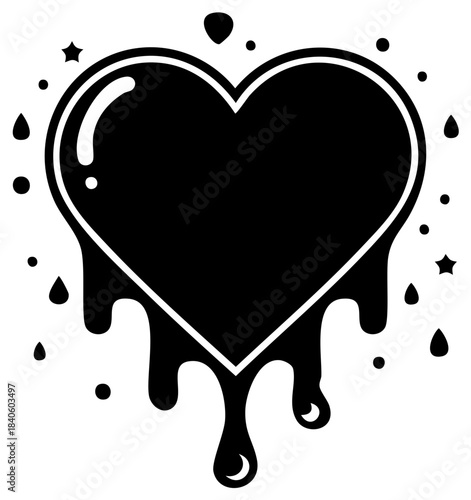Dripping black heart graphic with white outline and decorative stars a grunge love symbol