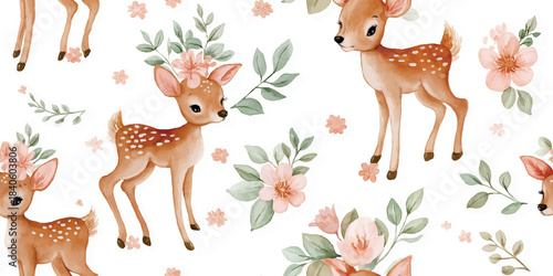 Watercolor spotted fawn and pastel floral seamless pattern for nursery fabrics, children's stationery, and gentle home decor