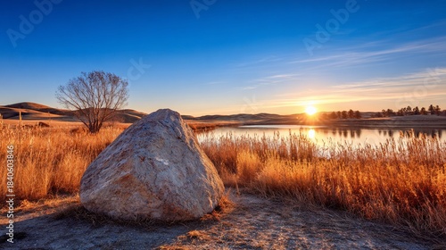 Scenic golden-lit landscape at sunrise featuring a large boulder, lake and distant hills