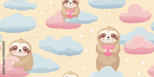 Cute sloth holding a heart on pastel clouds seamless pattern for baby fabrics, nursery wallpapers, and adorable stationery