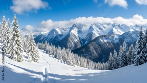 Wallpaper Mural Snowy mountain landscape with trees and a blue sky with clouds in the background on a sunny winter day Torontodigital.ca