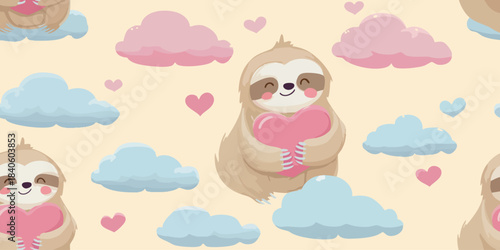 Cute sloth holding a heart on pastel clouds seamless pattern for baby fabrics, nursery wallpapers, and adorable stationery