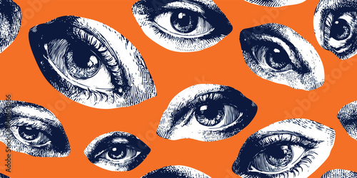 Bold engraving-style human eyes seamless pattern on a vibrant orange background for edgy fashion fabrics, expressive branding, and dramatic packaging