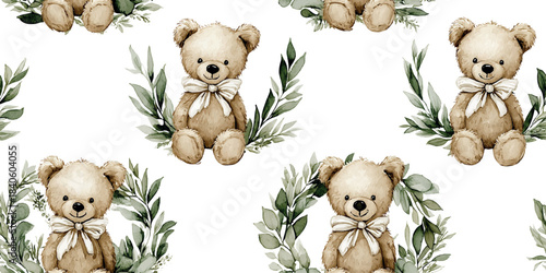 Watercolor teddy bear with botanical olive wreath seamless pattern for baby fabrics, nursery wallpapers, and gentle celebration stationery