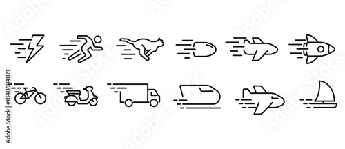 Speed ​​icons. A collection of vector speed and movement icons, dynamic symbols for speed, energy, and performance. Vector illustrations of speed icons with transparent backgrounds. Editable strokes.