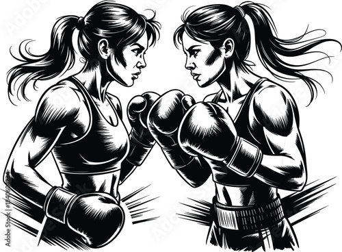 Two female boxers fighting vector illustration, strong women, sport, aggressive stance, power competition