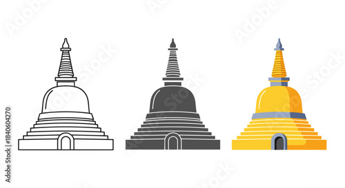 Illustration of a stupa isolated on white background, a domeshaped structure used as a buddhist shrine, in outline, silhouette, and color versions