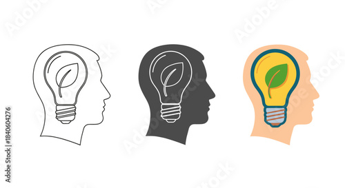 Creative idea in the head isolated on white background light bulb with leaf inside the head concept of green energy, ecology, and innovation vector illustration