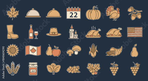A charming pixel art illustration showcasing a delightful array of thanksgiving and autumnthemed icons, perfect for adding a touch of seasonal festivity