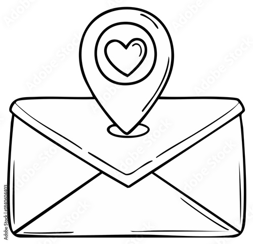 Hand drawn doodle of a love letter envelope with a map pin and heart symbol for a romantic message or favorite place concept
