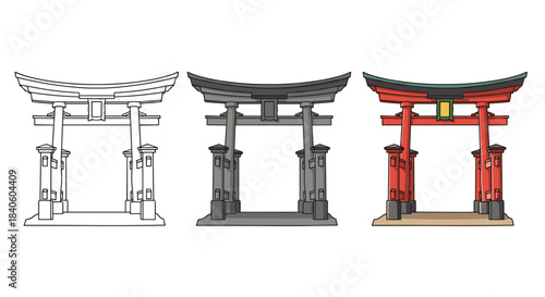 Three torii gates are displayed in a row, the first is a line drawing, the second is gray, and the third is red, isolated on white background