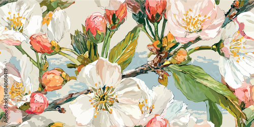 Impressionist oil painted almond blossom seamless pattern with white flowers and pink buds for spring fashion, fabrics, and artistic home decor