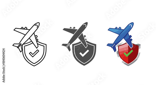 Airplane insurance icon set isolated on white background vector illustration of a plane with shield and check mark concept for travel, safety, and protection