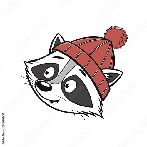 Cute cartoon raccoon wearing a red winter beanie hat with a pom pom