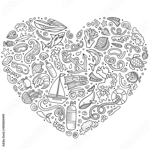 Set of Diving cartoon doodle objects. Heart form composition