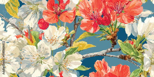 Vibrant oil painted apple blossom seamless pattern in orange, white, and yellow for bold spring fabrics, creative packaging, and artistic designs