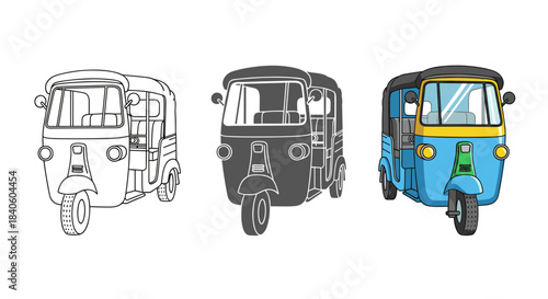 Three auto rickshaw illustrations in different styles isolated on white background outline, silhouette, and colored version of the vehicle