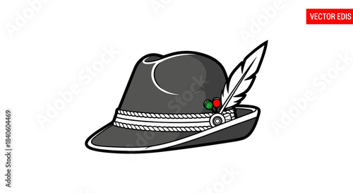 Traditional tyrolean hat isolated on white background bavarian or austrian hat with feather oktoberfest costume headdress vector illustration isolated