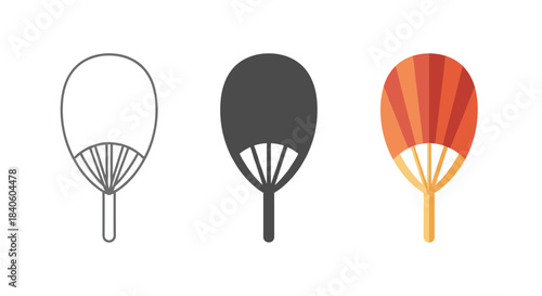 Hand fan icon set isolated on white background outline, glyph and colored version oriental fan vector illustration japanese, chinese, asian traditional