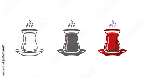 Three glass cups with hot tea isolated on white background traditional turkish tea in a thinwaisted glass vector illustration of tea cup