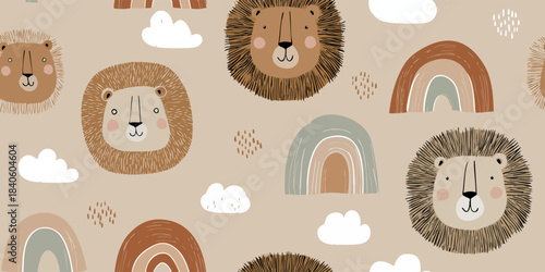 Cute cartoon lion heads and rainbow seamless pattern in earthy neutral tones for nursery fabrics, children's stationery, and cozy home decor