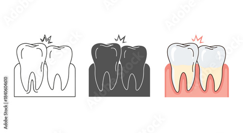 Illustration of two teeth with a lightning bolt between them, isolated on white background it represents toothache, dental problem, or sensitivity