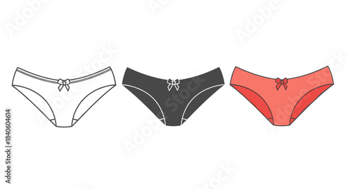 Three stylish womens panties in white, gray, and coral colors isolated on white background comfortable and fashionable underwear for every womans wardrobe