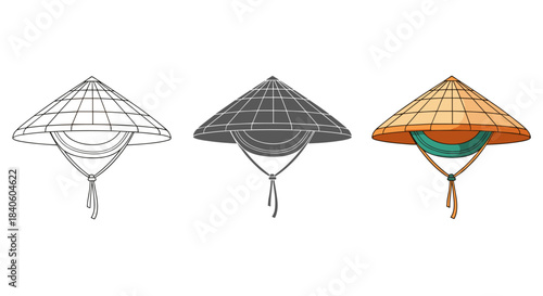 Set of vietnamese conical hats in different styles isolated on white background traditional asian headwear with chin straps hand drawn vector illustration