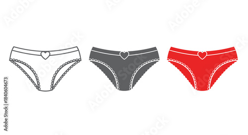 Three colorful panties isolated on white background white, gray and red female underwear with heart and lace woman lingerie vector illustration