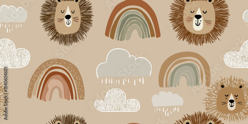 Charming cartoon lion and moody rainbow seamless pattern in black and brown tones for modern nursery fabrics, wrapping paper, and children's branding