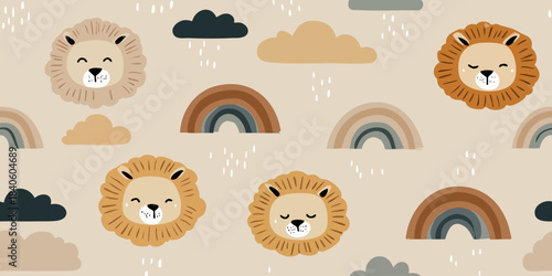 Charming cartoon lion and moody rainbow seamless pattern in black and brown tones for modern nursery fabrics, wrapping paper, and children's branding