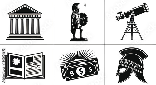 Education Icon Set Ancient Warrior Telescope Money Book Temple Helmet
