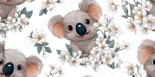Sweet koala peeking through white apple blossom seamless pattern for baby shower themes, nursery decor, and gentle spring designs