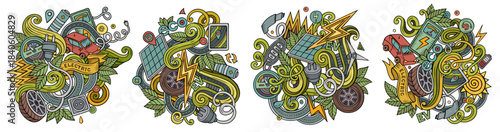 Colorful vector doodle cartoon set of Electric Vehicles designs