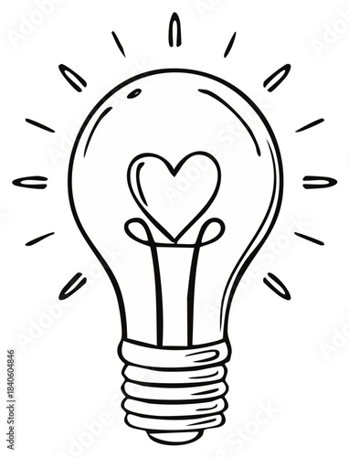 Hand drawn doodle of a glowing light bulb with a love heart shaped filament icon.