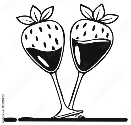 Two stylized strawberries dipped in chocolate in wine glasses illustration vector