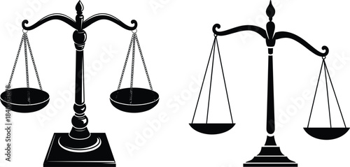 Justice balance scales vector icon set, law, legal system, weight measurement, equilibrium symbol