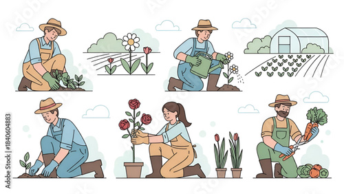 11. Rural Lifestyle People Crouching | Vector Line Illustration
