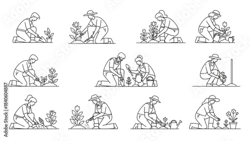 Country people crouching, farmers gardeners florists flower growers and editable line drawings in vector
